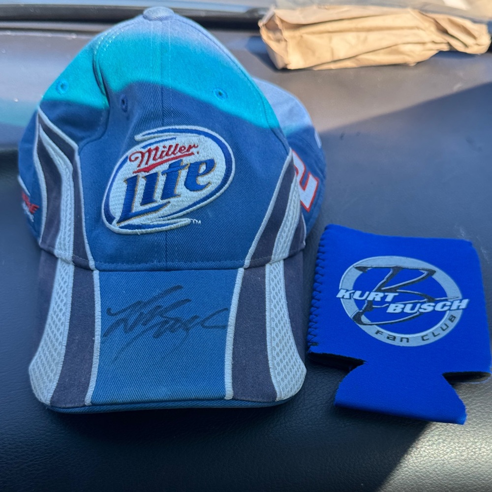 Signed Kurt Busch NASCAR Racing Cap & Kurt Busch Drink Holder